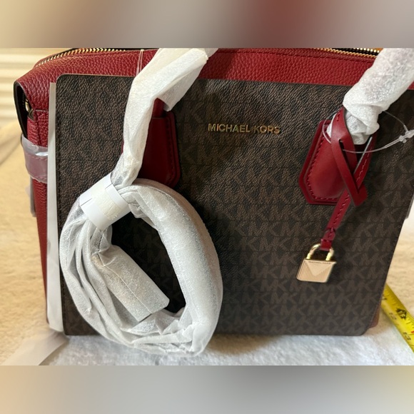 Michael Kors Brown MK signature  and Red Leather Mercer Satchel/Crossbody - Picture 9 of 10